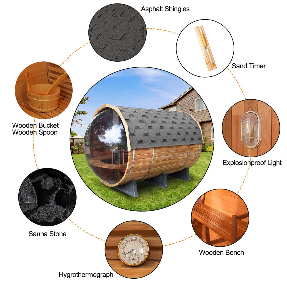 Traditional Panoramic Barrel Sauna (Asphalt shingles)