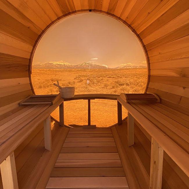 Outdoor Panoramic Barrel Sauna With Porch