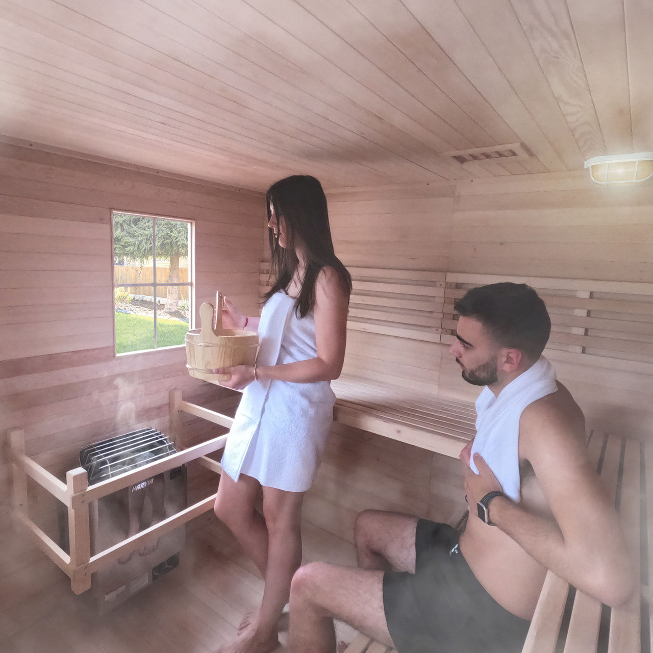 Aleko Canadian Hemlock Wet Dry Outdoor Sauna with Asphalt Roof - 8 kW UL Certified Heater - 8 Person