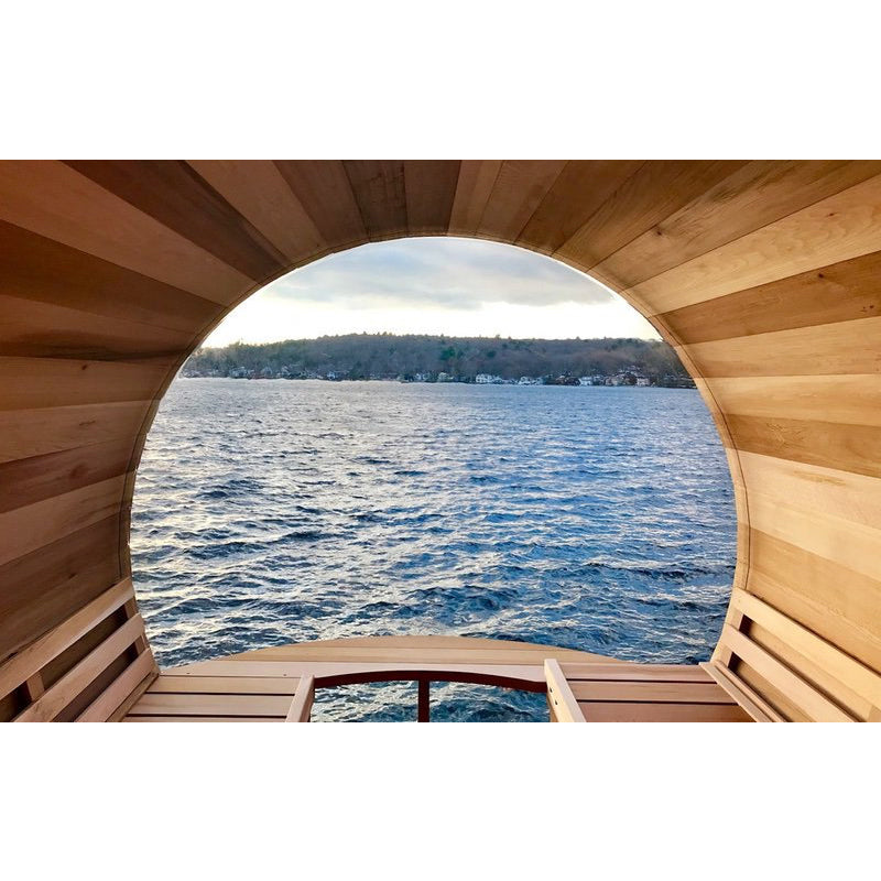 Outdoor Panoramic Barrel Sauna With Porch