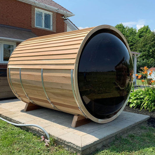 Outdoor Barrel Sauna With Panoramic View Window (Wood shingles)