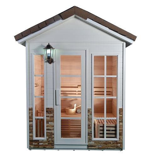 Aleko Outdoor Canadian Red Cedar Wood Wet Dry Sauna - 4 Person Stone Finish CED4KEMI-AP