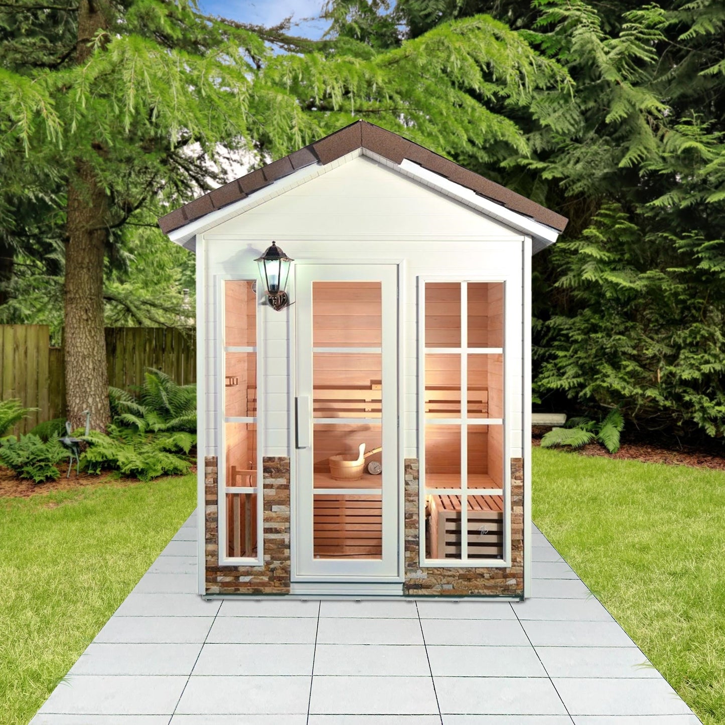 Aleko Outdoor Canadian Red Cedar Wood Wet Dry Sauna - 4 Person Stone Finish CED4KEMI-AP