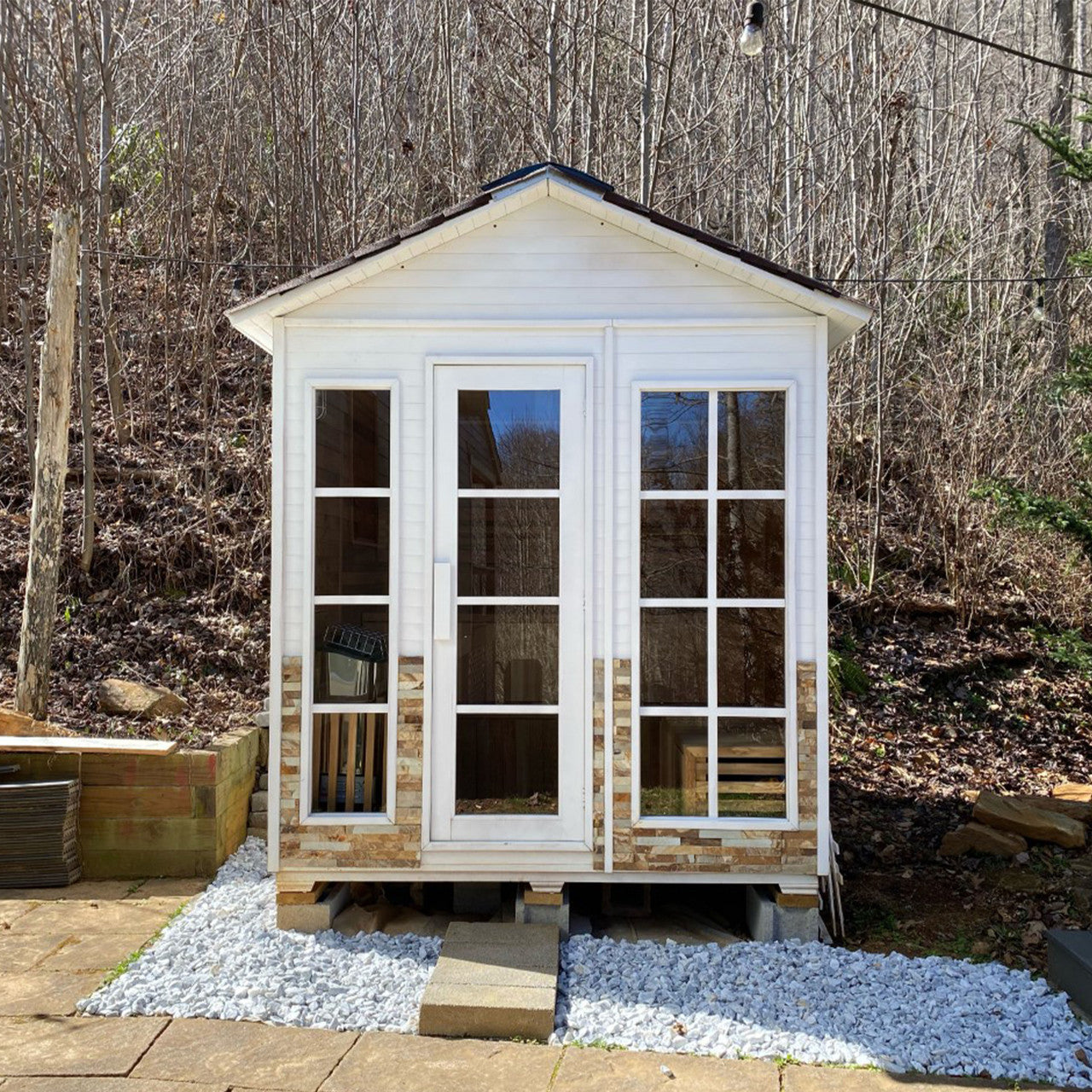 Aleko Outdoor Canadian Red Cedar Wood Wet Dry Sauna - 4 Person Stone Finish CED4KEMI-AP